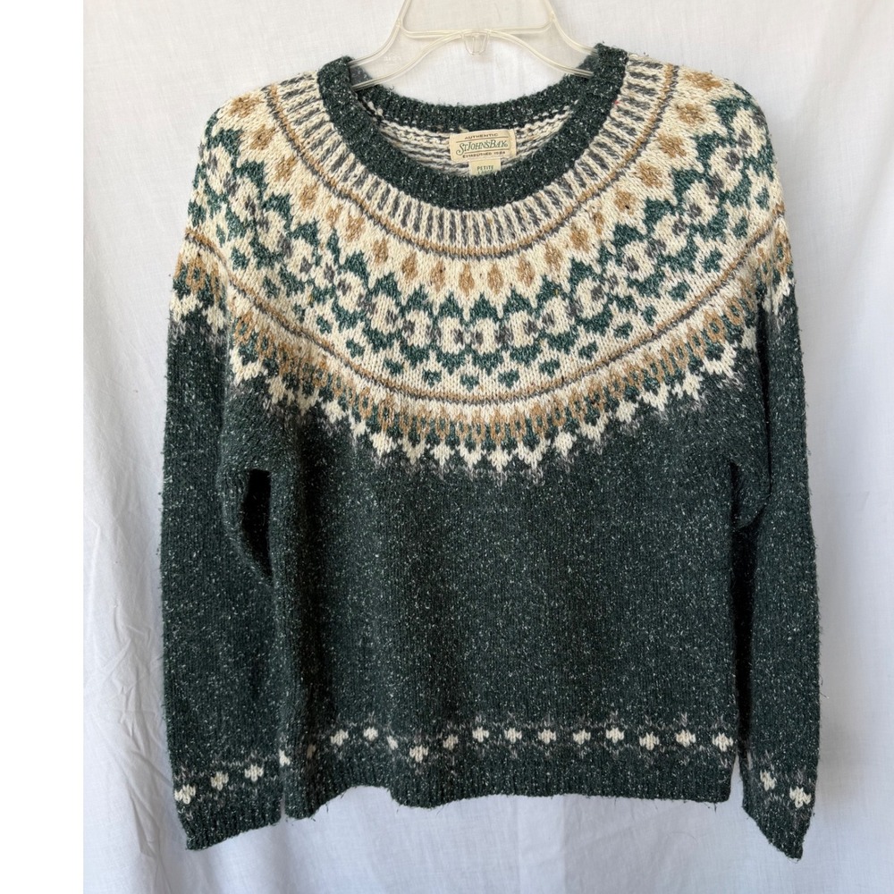 St. Johns Bay Sweater Green Fair Isle Wool Blend Pullover Cozy Cabin Petite L